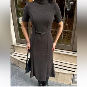Zara NWT dark gray soft belted short sleeve fitted midi dress
